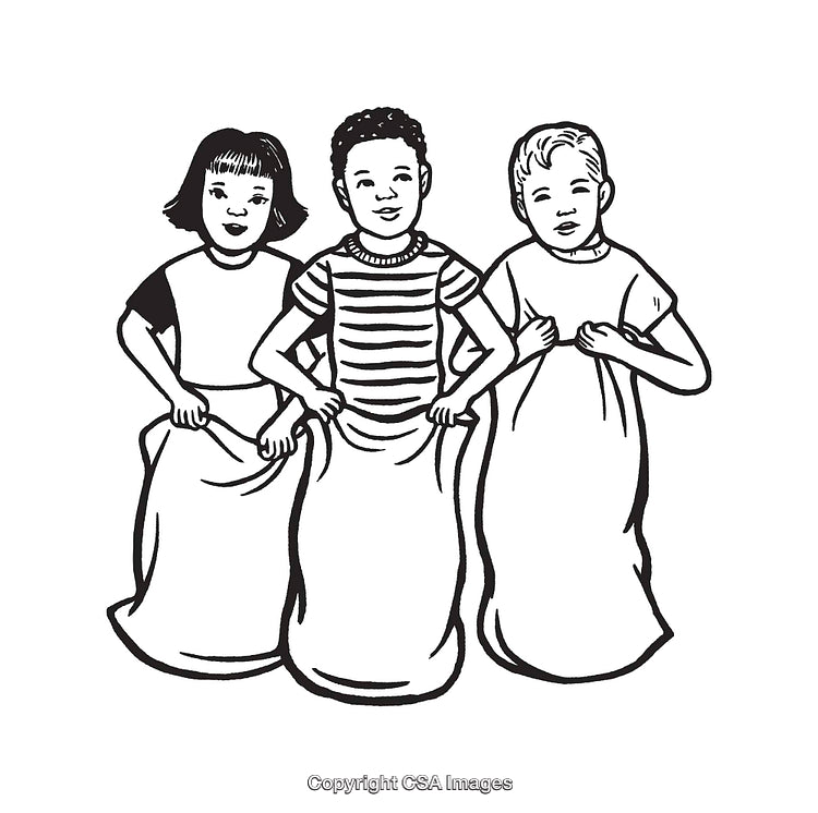 Three Children Enjoying a Sack Race in Black and White Line Art Style
