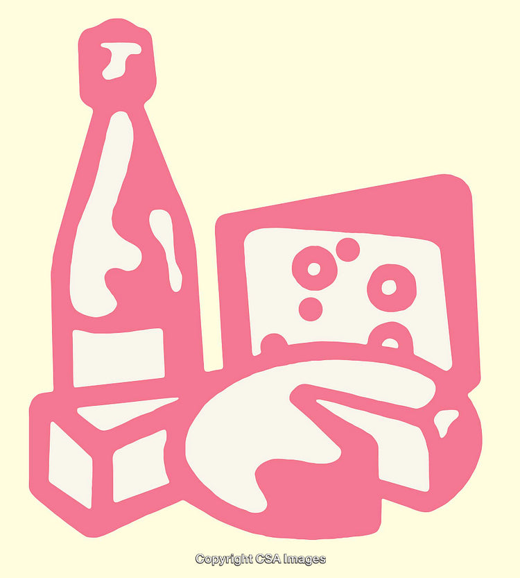 Stylized Line Art of Cheese, Bottles, and Dairy Products