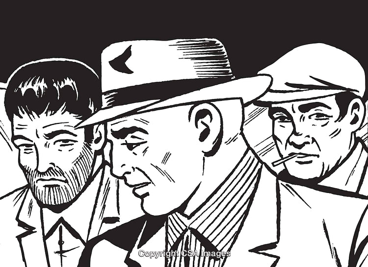 Vintage Noir Characters Gathering in Strong Black and White Illustration Style