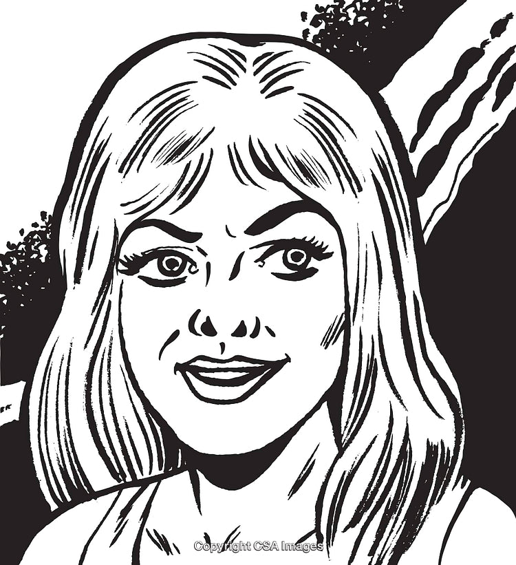 Black and White Drawing of a Smiling Woman with Bold Features and Shaded Details