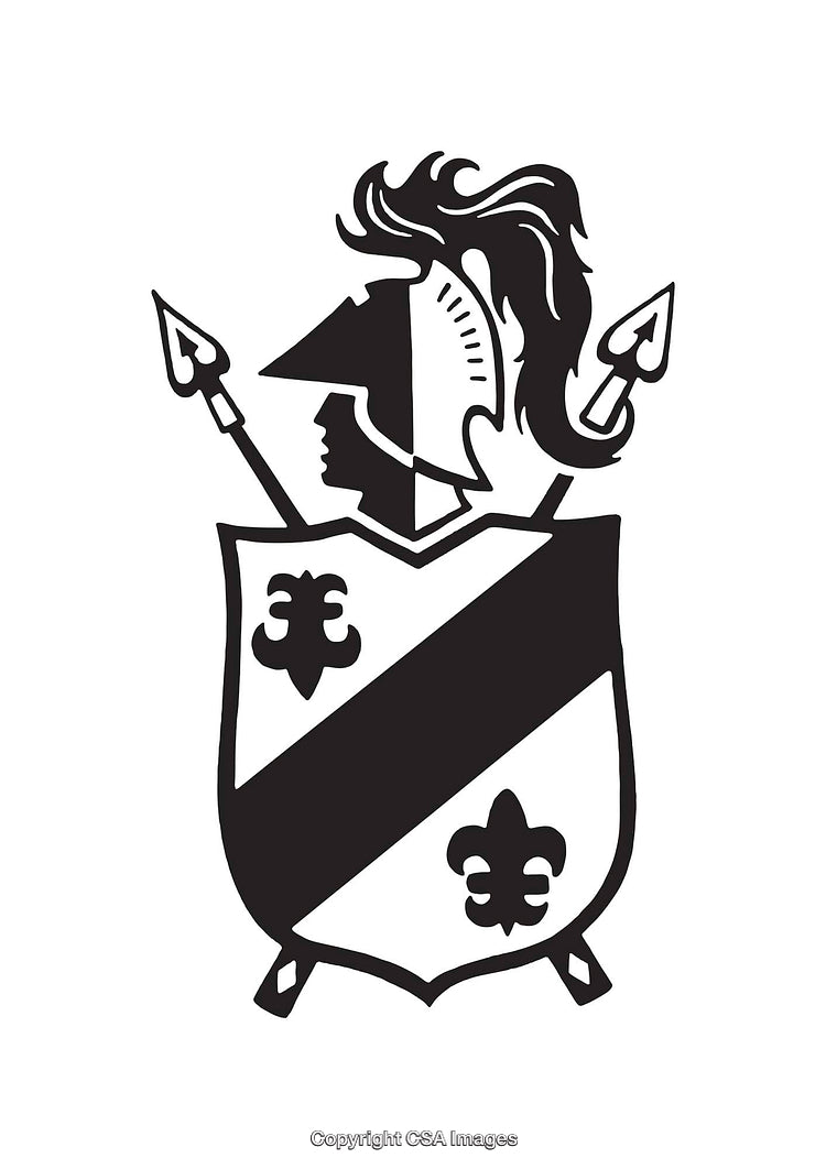 Black and White Heraldic Crest with Knight Helmet and Shaped Shield