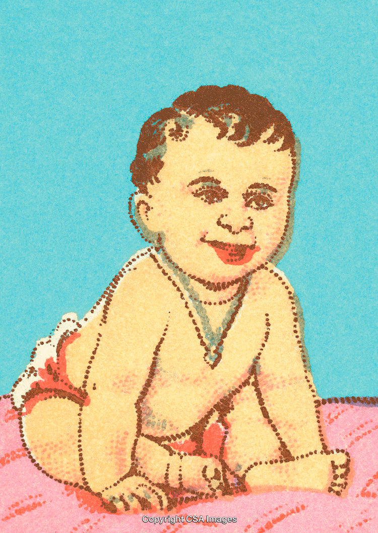 Vintage Illustration of a Smiling Baby Sitting on a Pink Surface