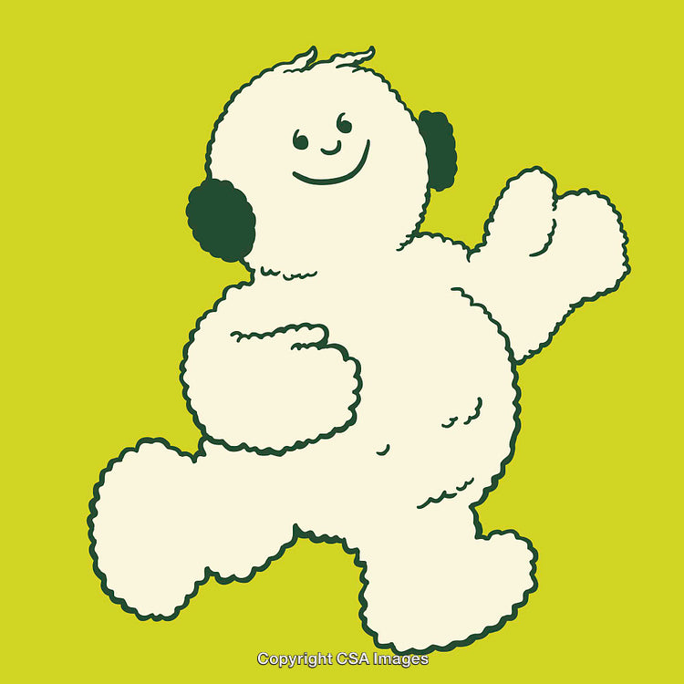 Happy Cartoon Character Walking with Green Accessories on Yellow Background