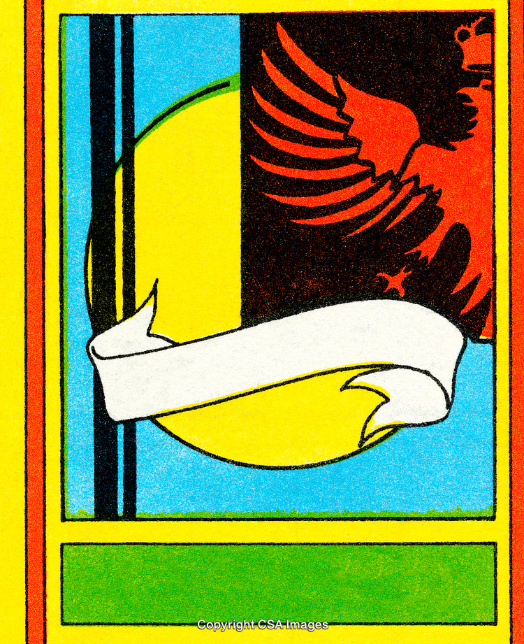 Stylized Artwork Featuring Eagle, Banner, and Sun in Retro Graphic Design