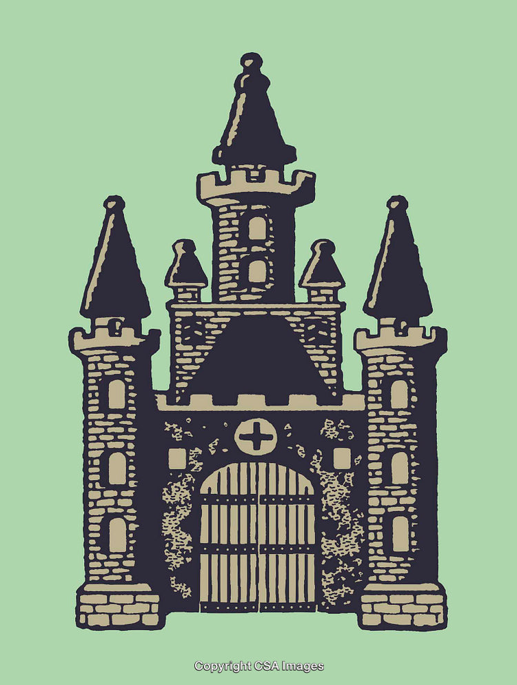 Vintage Line Art Illustration of a Castle Icon on a Green Background