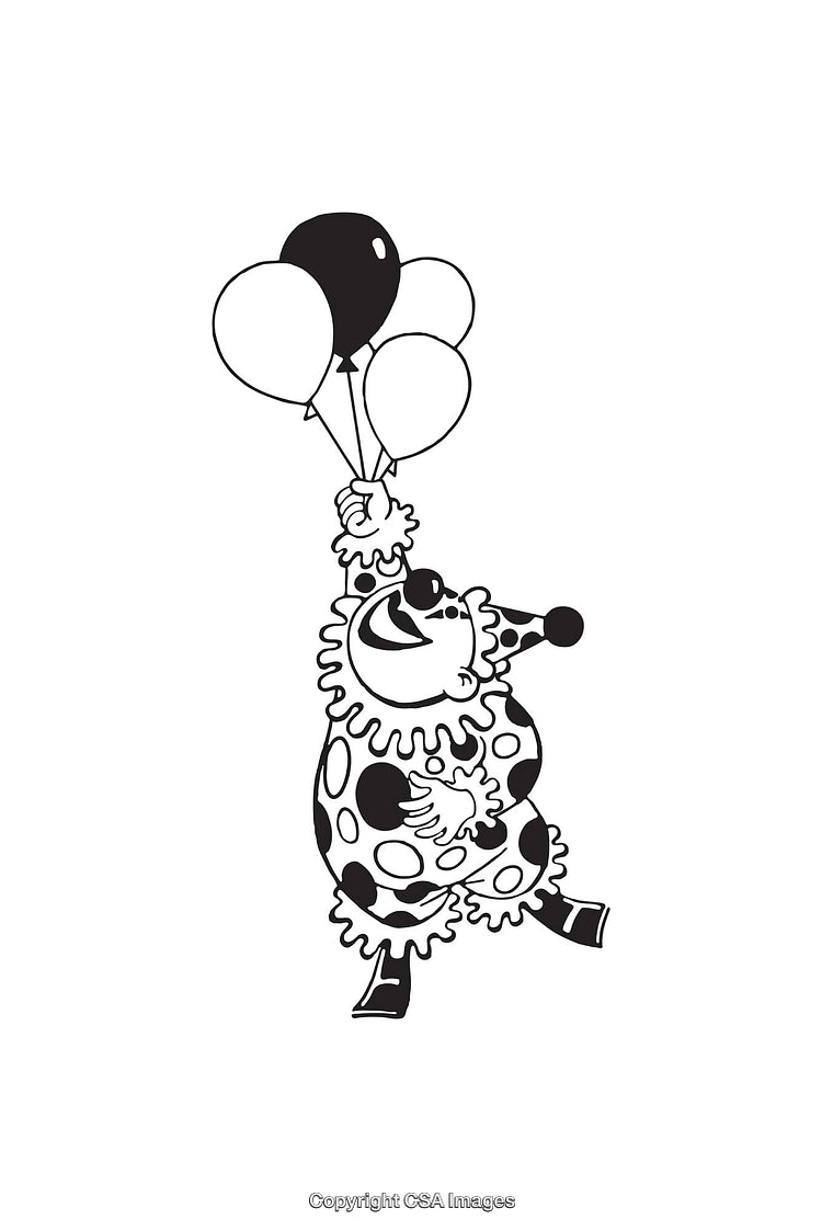 Black and White Clown Illustration Holding Balloons