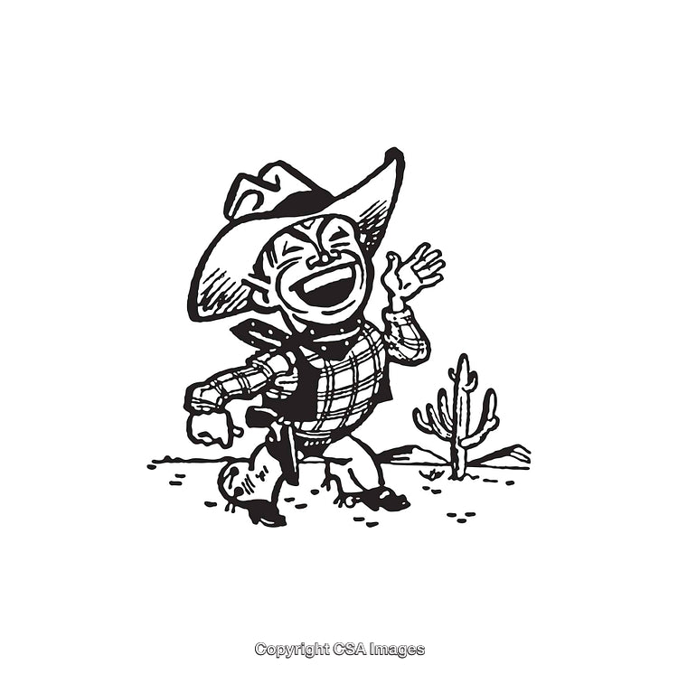 Cheerful Cowboy Illustration in Black and White Line Art Style