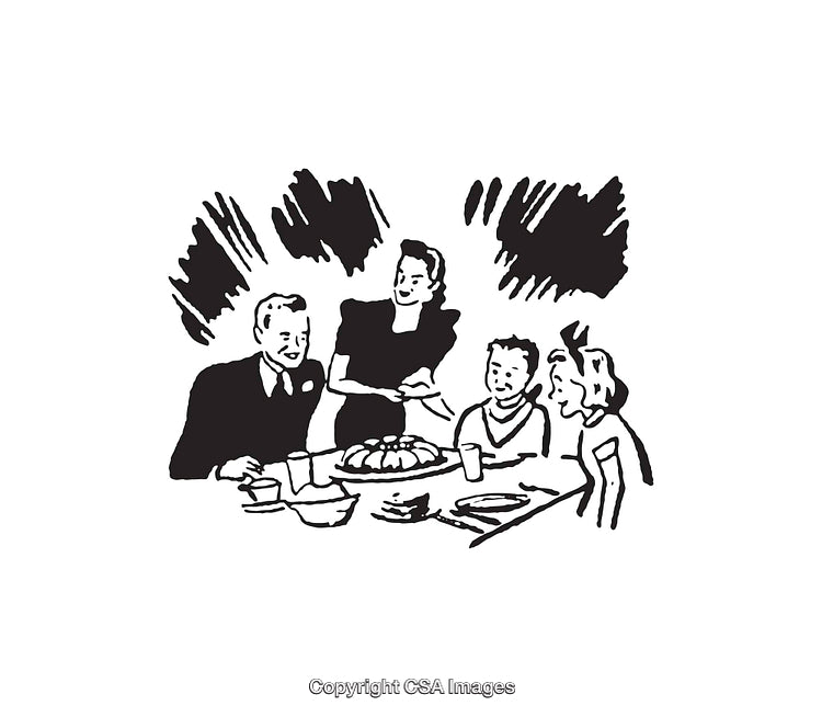 Black And White Line Art of a Happy Family Sharing a Meal