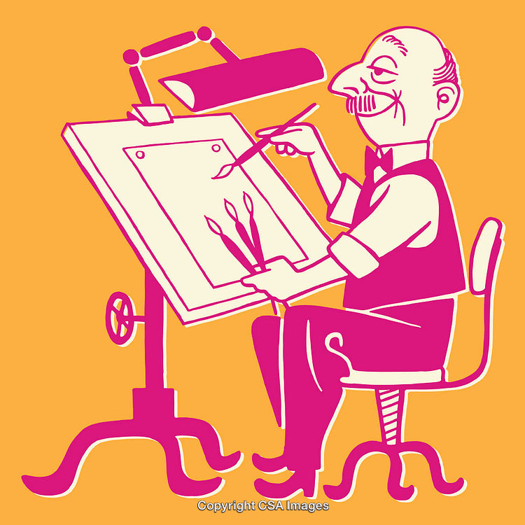 Vintage Cartoon Artist at Work in Colorful Line Art Illustration