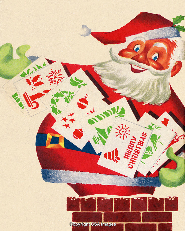 Retro Illustration of Santa Claus With Christmas Greeting Cards