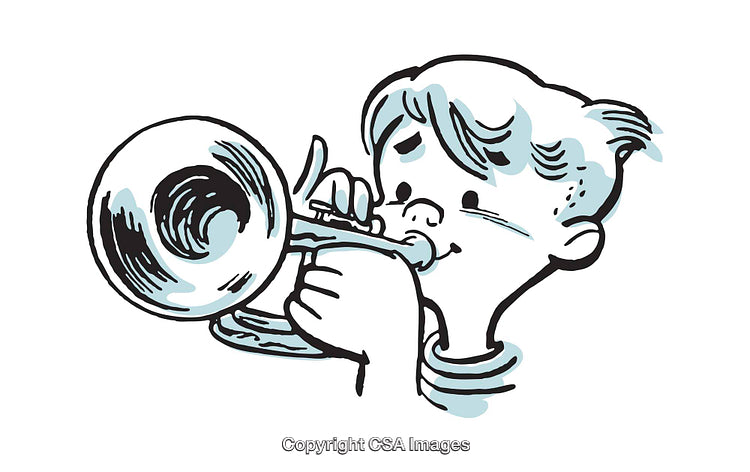 Young Boy Playing a Trumpet in a Vintage Illustration Style