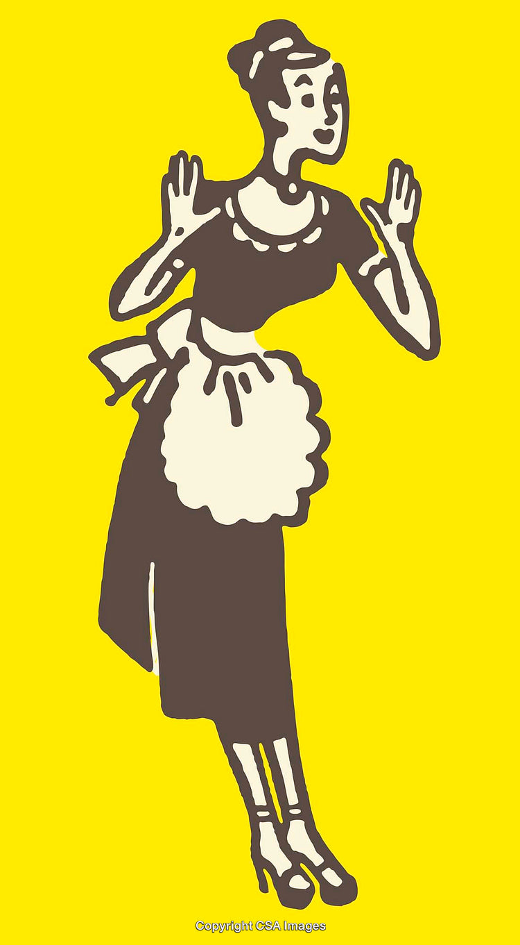 Vintage-Style Cartoon Maid Illustration in Retro Monochrome with Bright Yellow Background