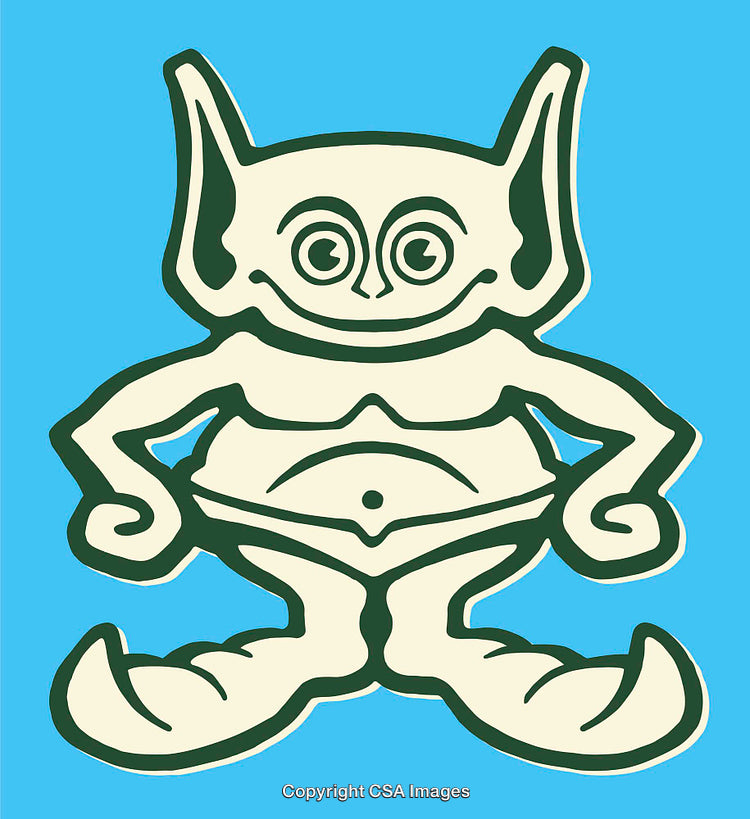 Cartoon Illustration of a Friendly Goblin Character on Blue Background