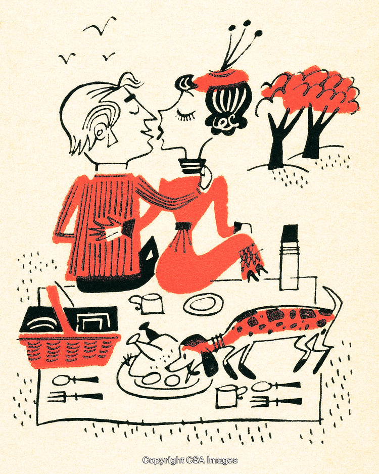 Charming Cartoon Picnic Scene with Couple, Dog, and Rustic Elements