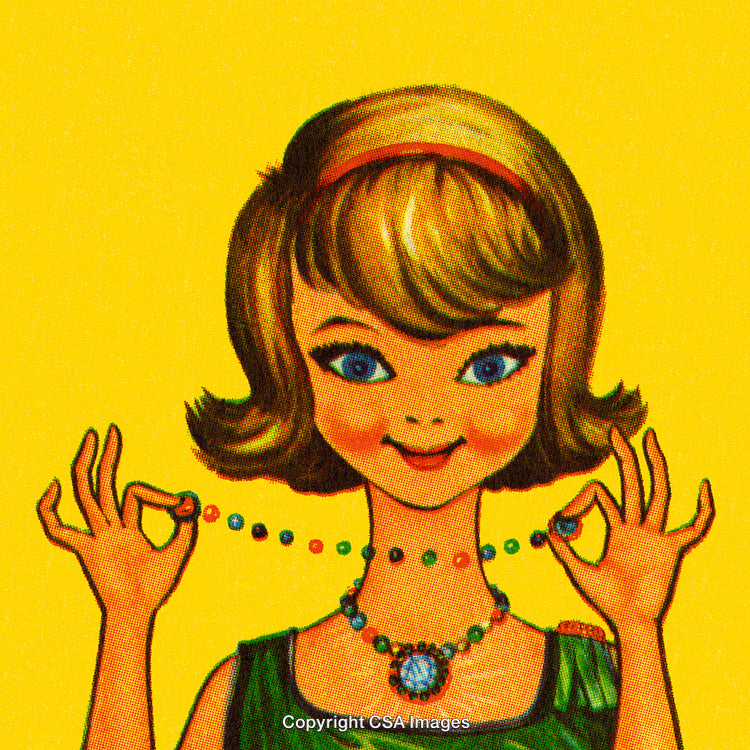 Vintage Illustration of Smiling Woman With Necklace on Bright Yellow Background