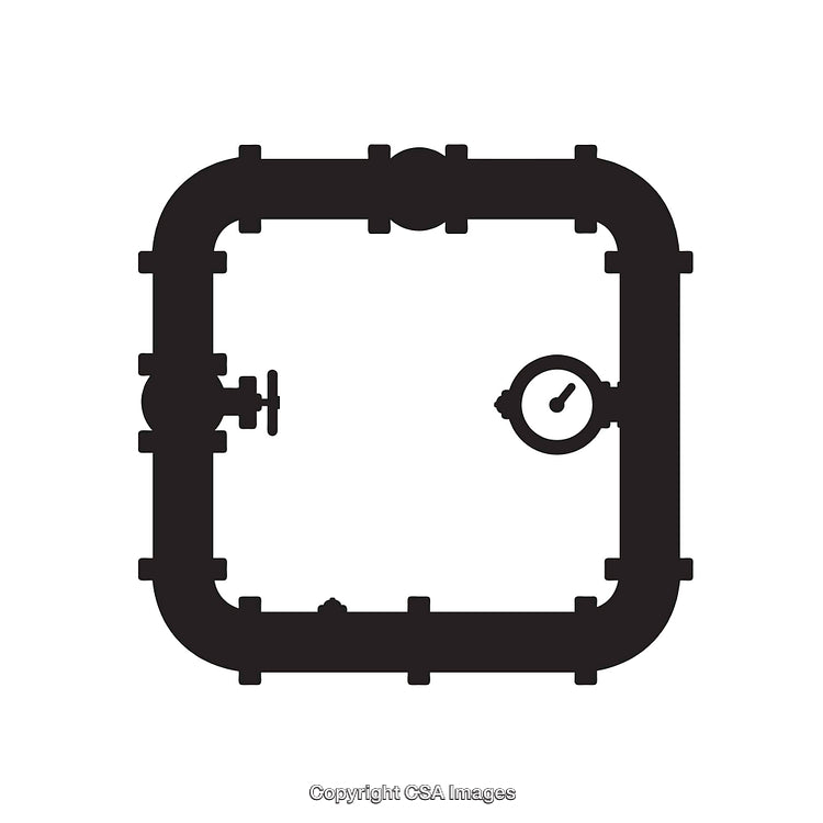 Black and White Industrial Pipework Illustration with Gauge and Valve Design