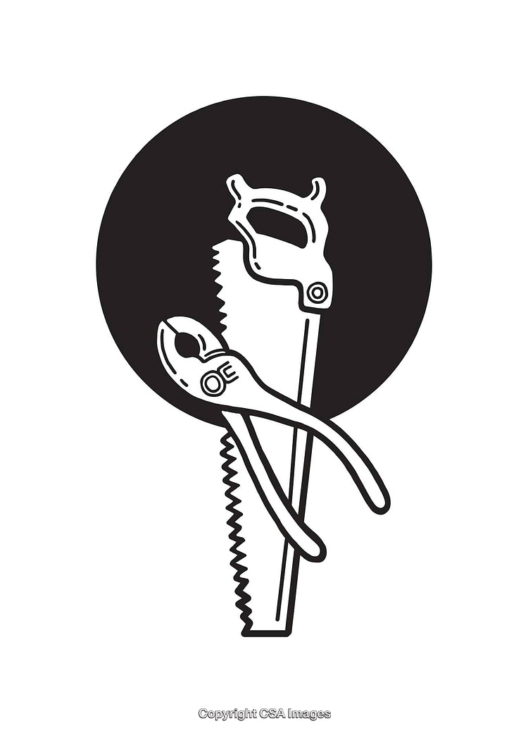 Black and White Line Art of Hand Tools Against Circular Background