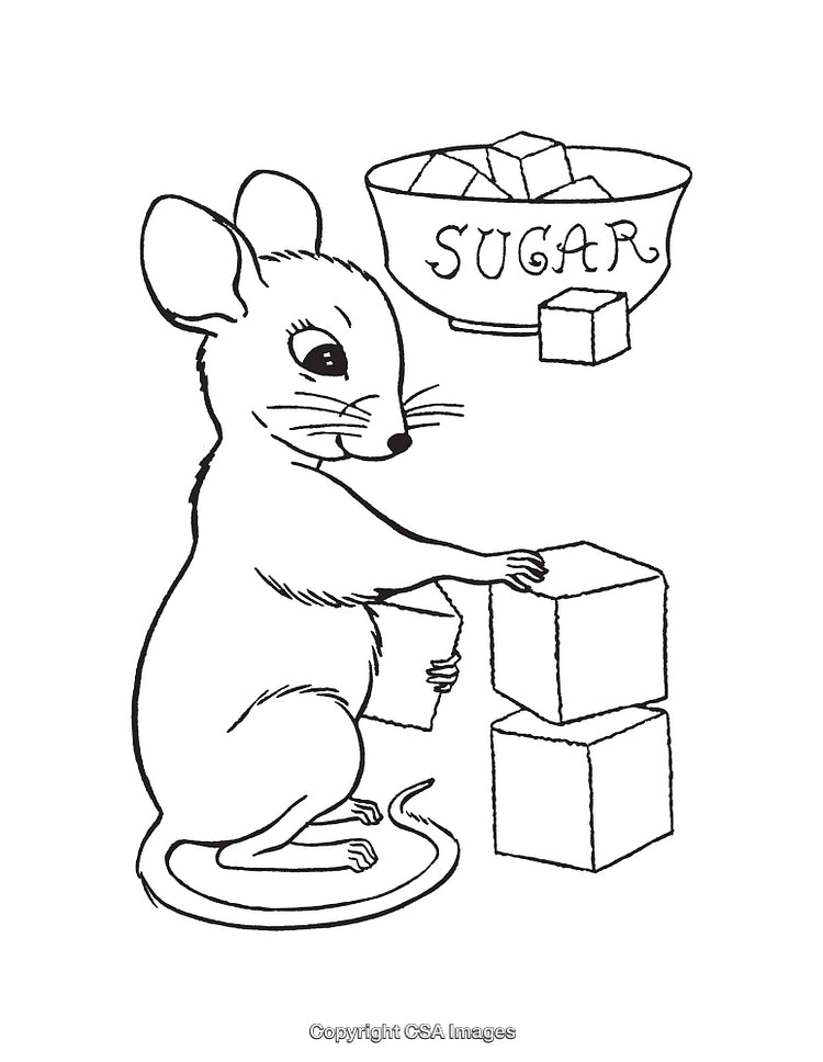 Mouse Building Sugar Cube Tower With Sugar Bowl Beside