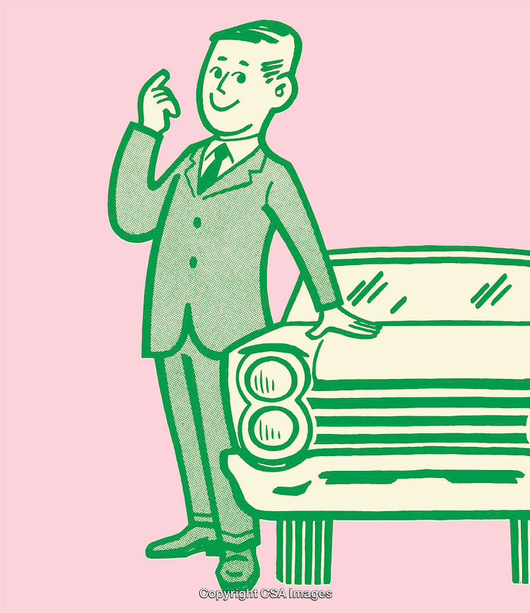 Illustration of a Businessman Standing Beside a Vintage Car