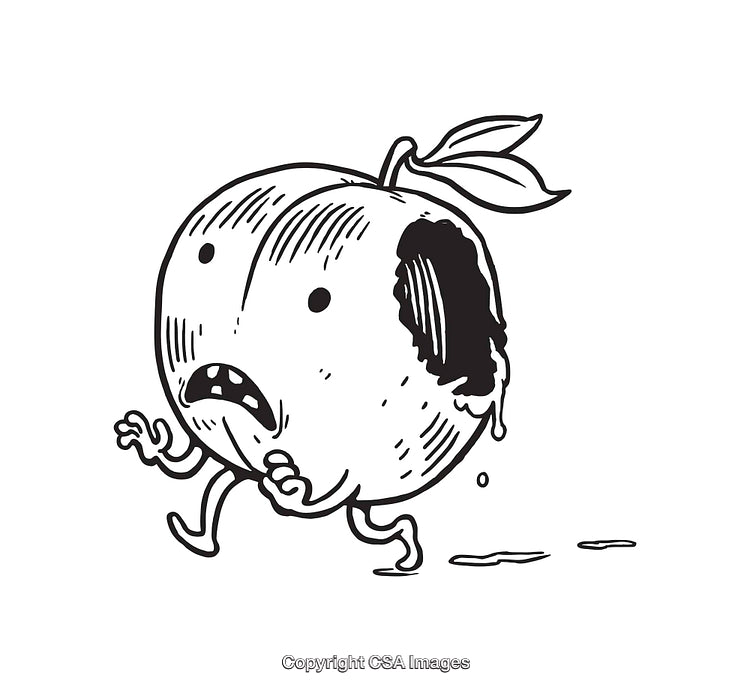 Anthropomorphic Fruit in Distress Black and White Line Art Illustration
