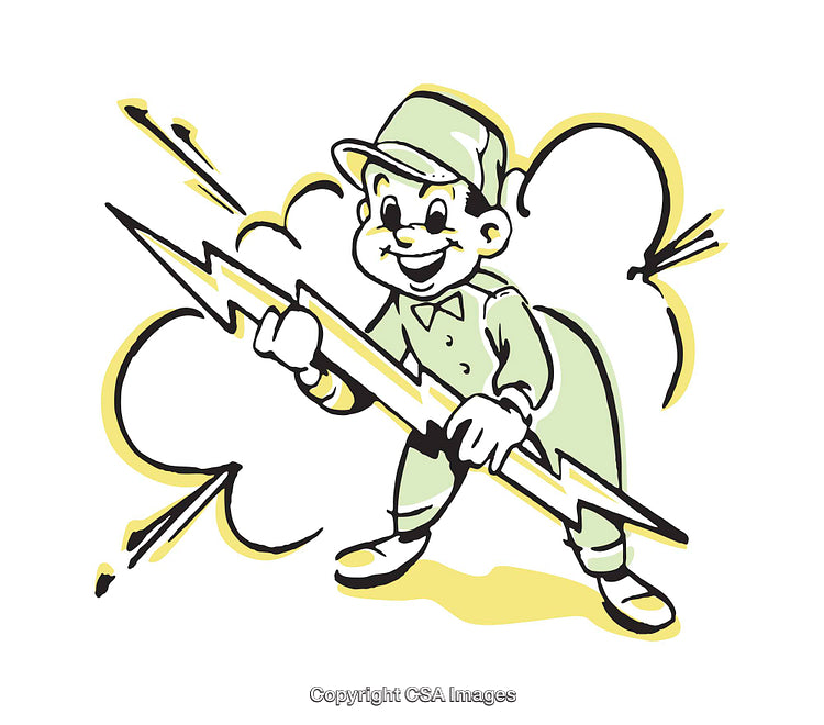 Playful Vintage Illustration of a Worker Holding a Lightning Bolt