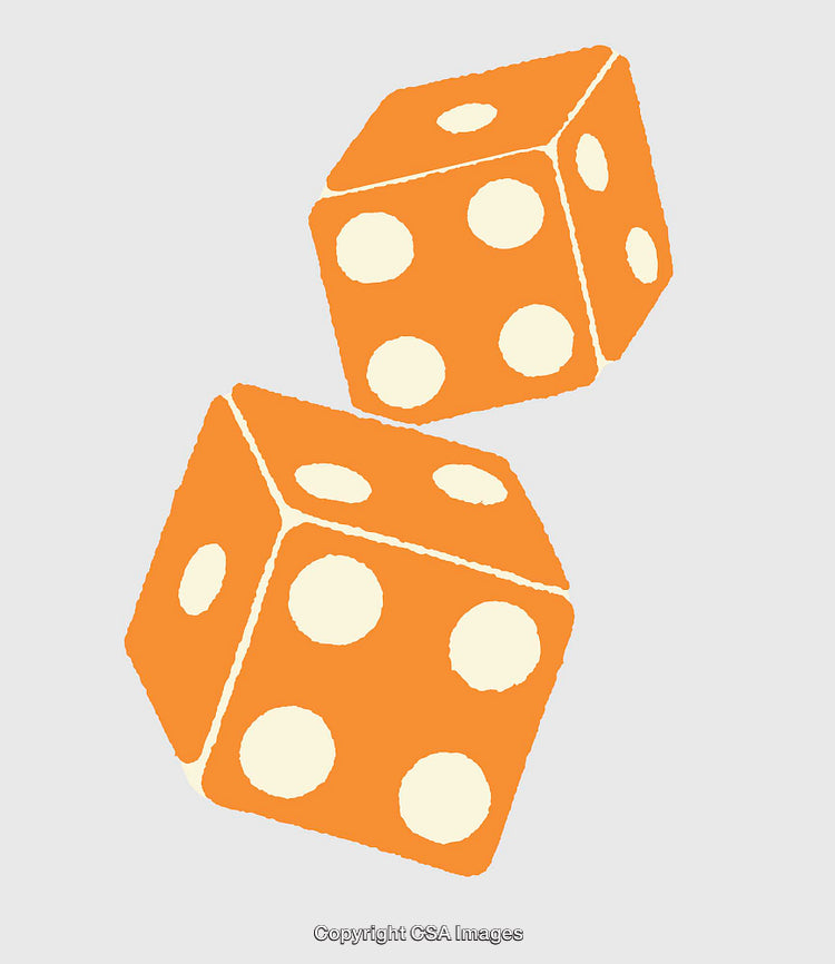Colorful Line Art of Orange Dice Rolling on a Neutral Background