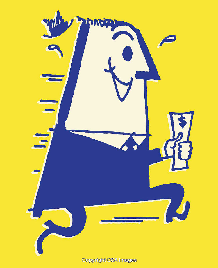 Cartoon Character Running Cheerfully Holding Cash on Bright Yellow Background