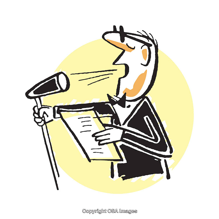 Cartoon Speaker Presenting With Microphone and Script