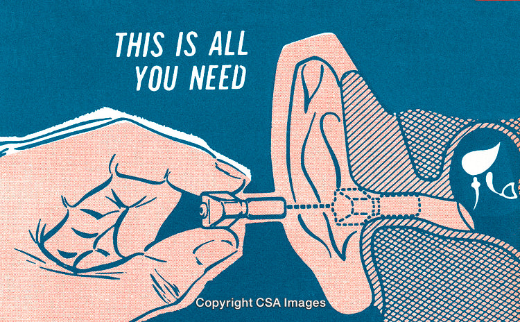 Illustration of Ear Anatomy and a Hand Holding a Device for Hearing