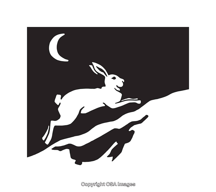 Black and White Illustration of a Running Hare Under Crescent Moon
