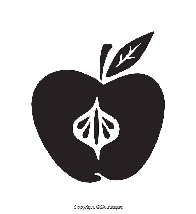 Simple Black and White Illustration of an Apple with Leaf and Stem