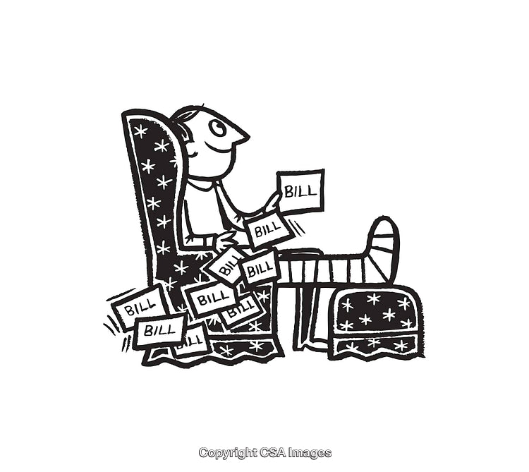 Black and White Illustration of a Man Overwhelmed with Bills