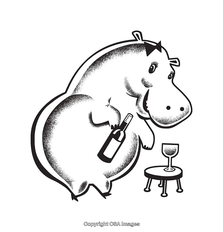 Playful Hippopotamus Line Art Illustration with Wine and Glass