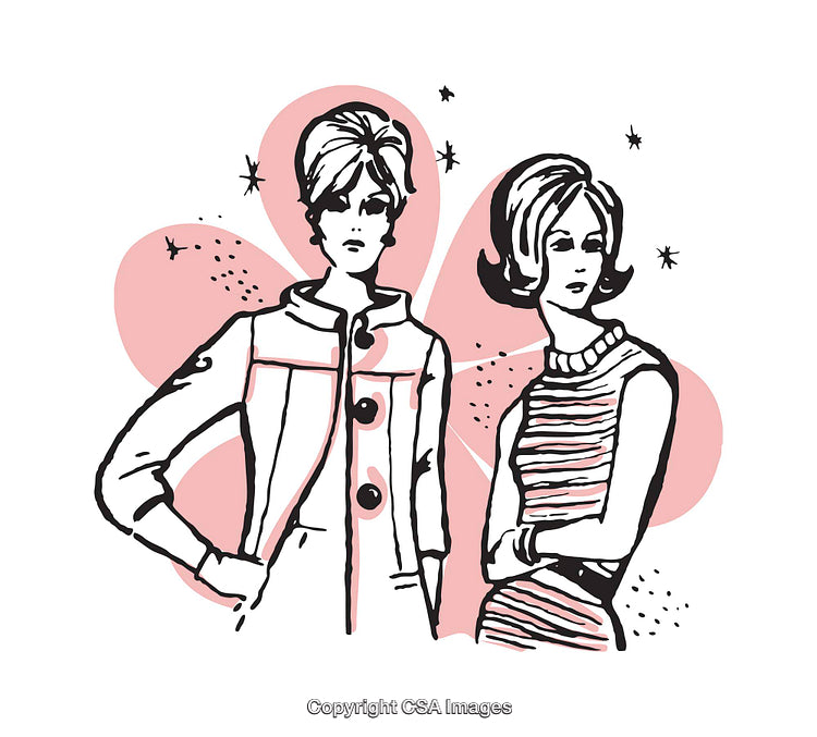 Stylish Retro Inspired Fashion Illustration of Vintage Woman Figures in Artistic Style