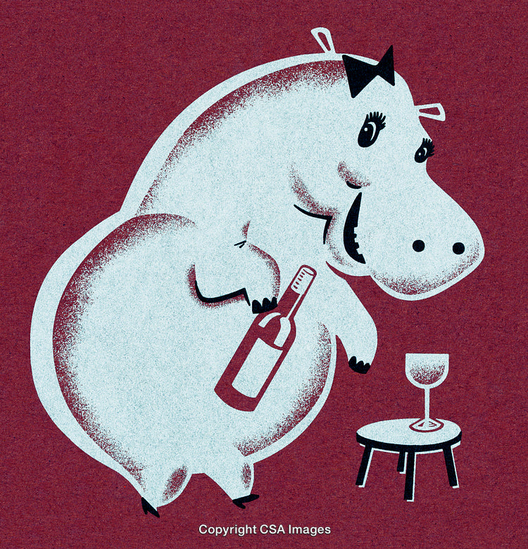 Illustration of a Cheerful Hippo with Wine Bottle and Glass at a Stool