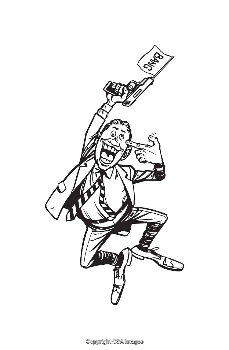 Humorous Black and White Illustration of a Man With a Toy Gun
