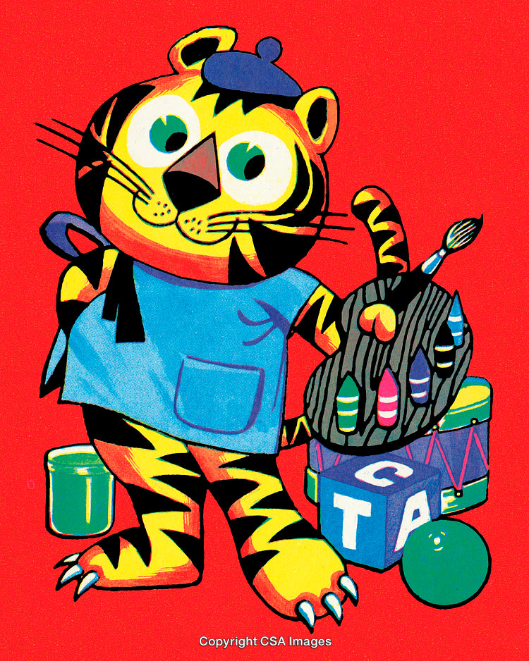 Illustration of a Creative Tiger with Art Supplies on a Bright Background