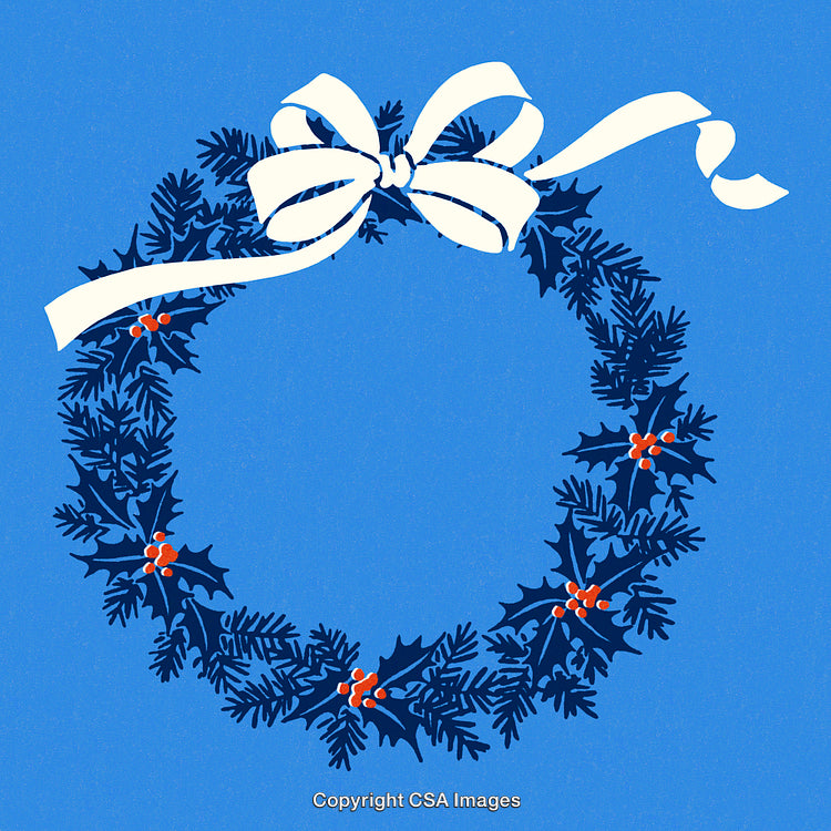 Elegant Holiday Wreath With White Bow on Vibrant Blue Background