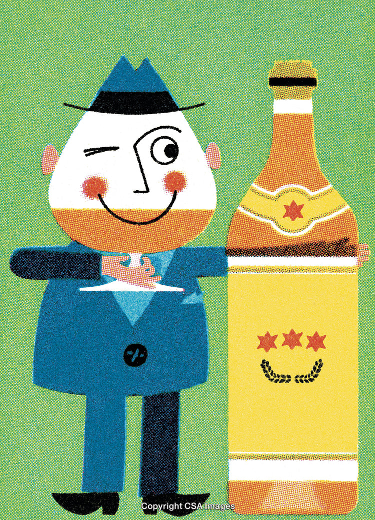 Cheerful Cartoon Figure Beside a Bottle with Fun and Whimsical Artwork