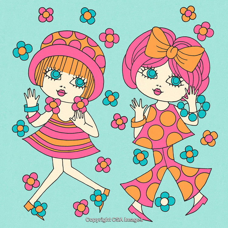 Vintage Style Cartoon Illustration of Two Colorful Girls with Floral Accents