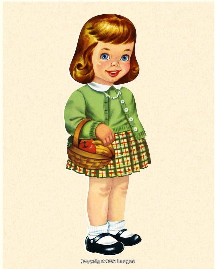Vintage Illustration of Smiling Girl Holding Fruit Basket in Plaid Outfit