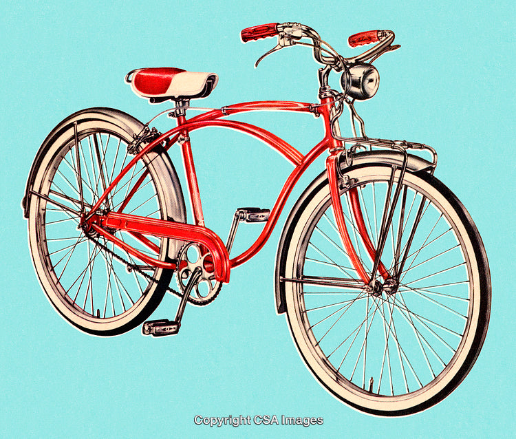 Retro Red Bicycle with White Tires on a Minimalist Aqua Background