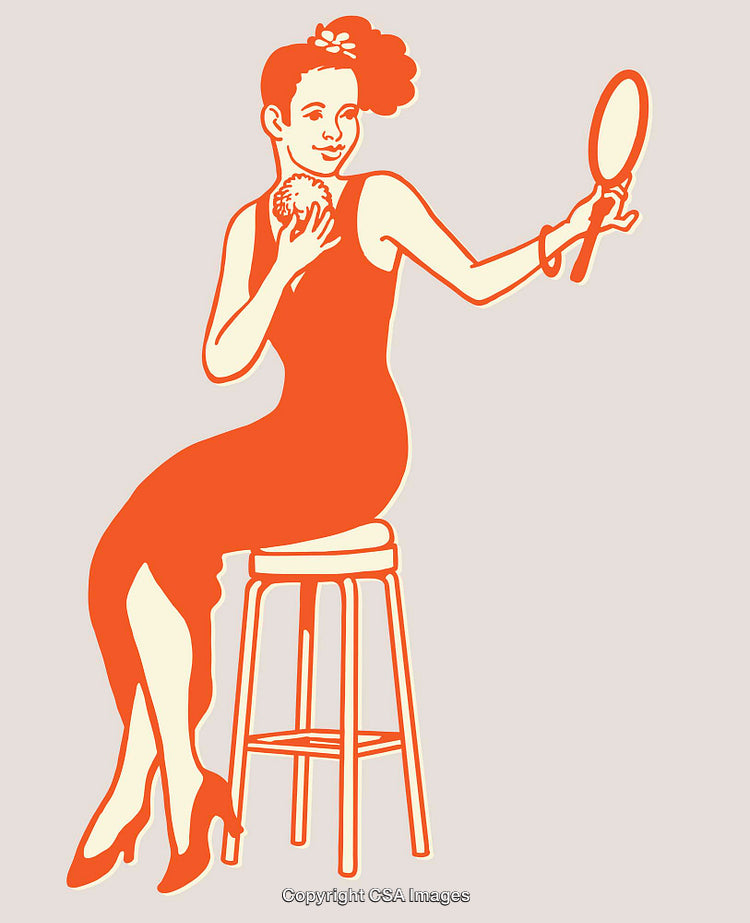 Elegant Woman Holding Mirror in Orange Line Art Illustration