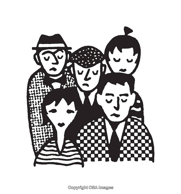 Black and White Line Art of a Group of People Gathered Together