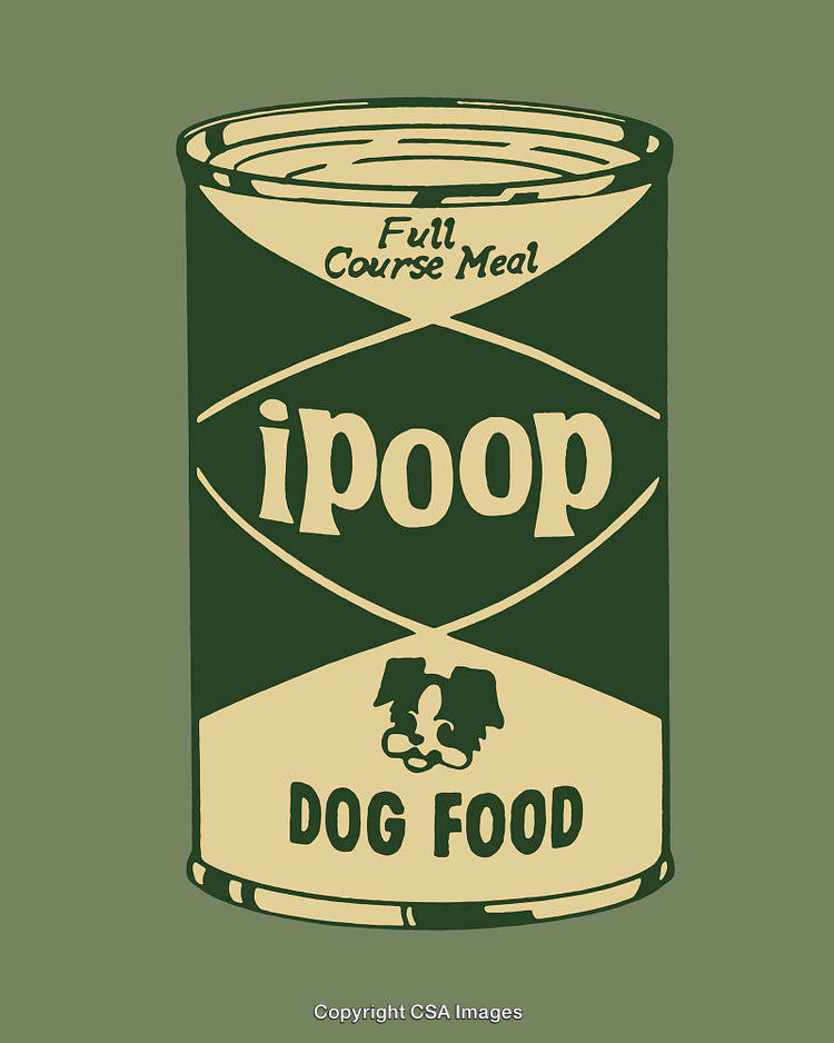 Humorous Illustration of Dog Food Can with Satirical Label Design
