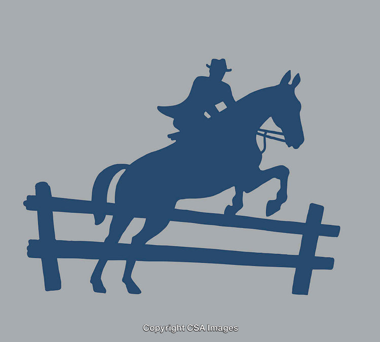 Silhouette Horse and Rider Jumping Fence in Equestrian Illustration