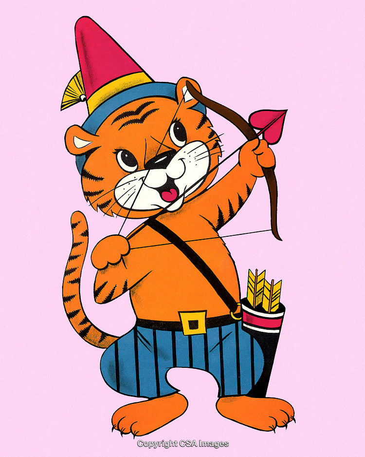 Cartoon Tiger Archer With a Bow and Arrow on a Cheerful Pink Background