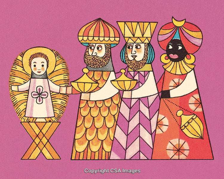 Colorful Illustration of Three Kings and Baby Jesus in Manger