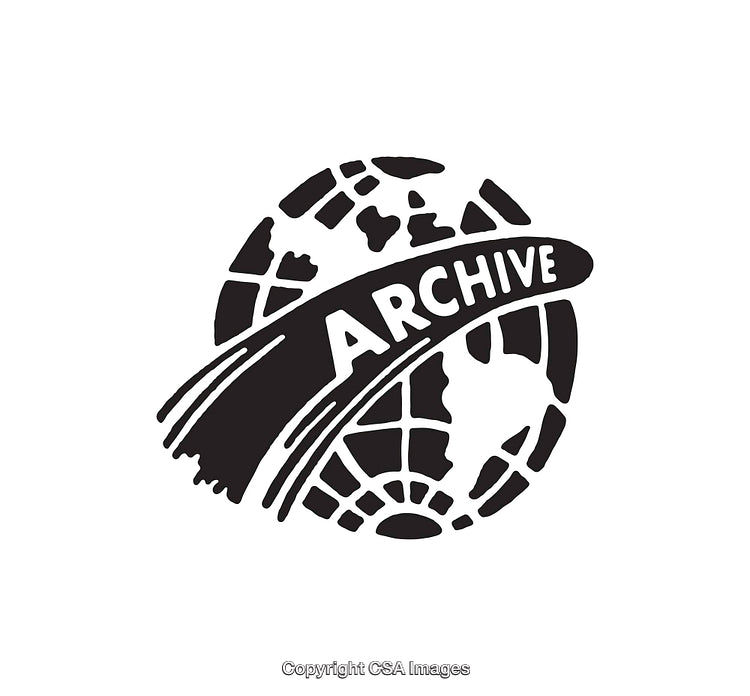 Black and White Illustration of Globe with Text Banner Reading Archive