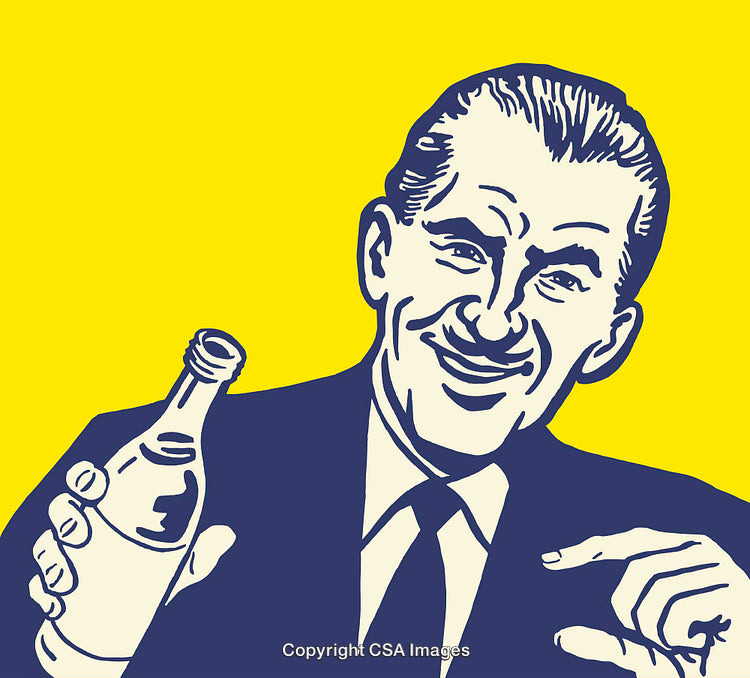 Vintage Cartoon Man Holding Bottle with Cheerful Expression and Yellow Background